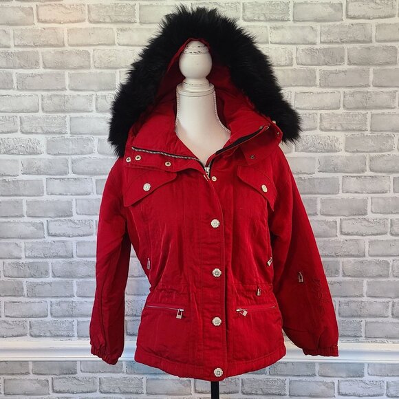 Nils Skiwear Red Black Faux Fur Hooded Ski Jacket Coat Womens 4 Snow Winter - Picture 1 of 9